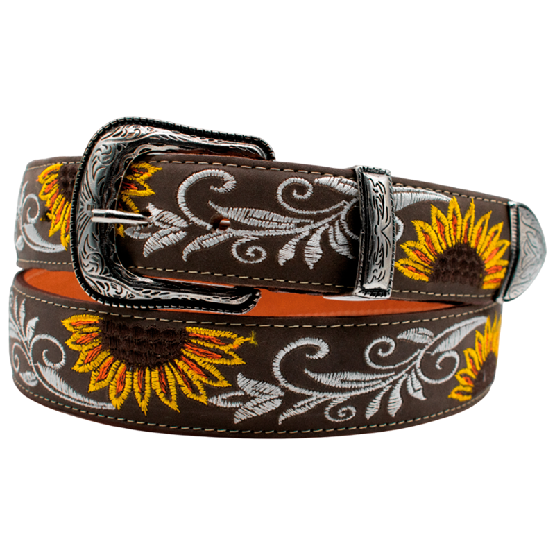 Cinturón para jinete vaquero de vaqueta bordado medio girasol dama