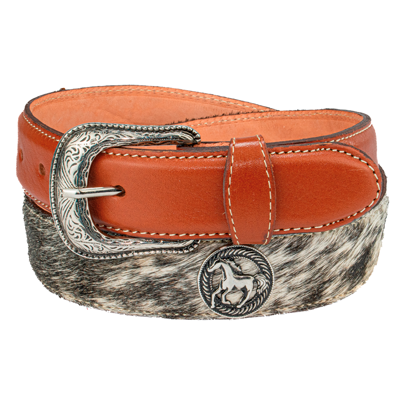 Cinturón para jinete de vaqueta con estoperoles y pelo