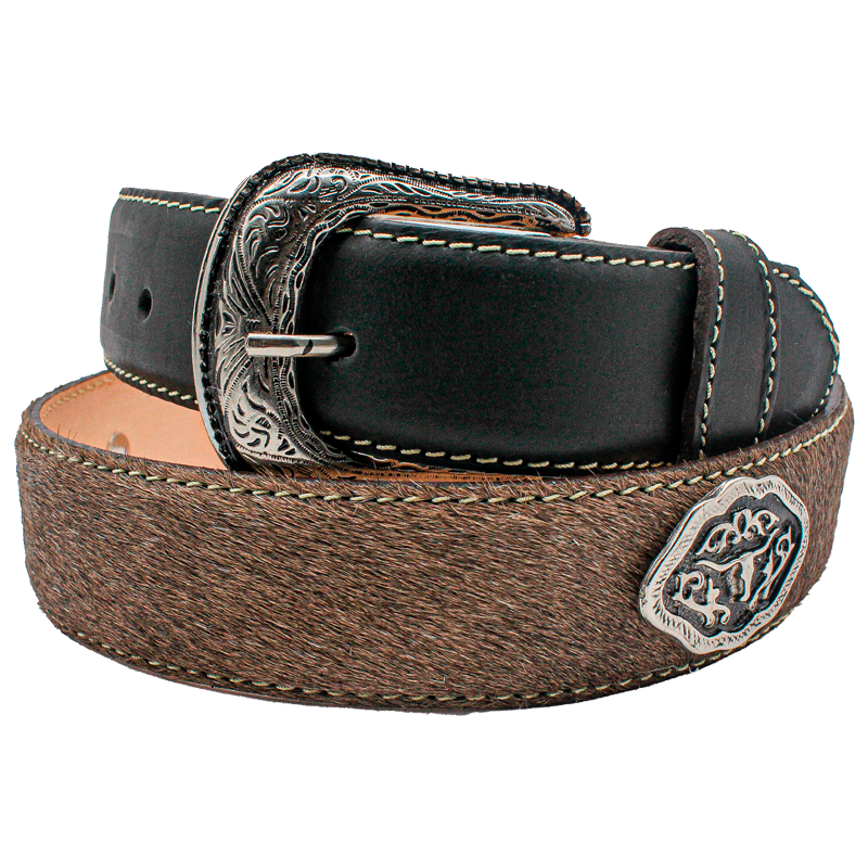 Cinturón para jinete de vaqueta con estoperoles y pelo